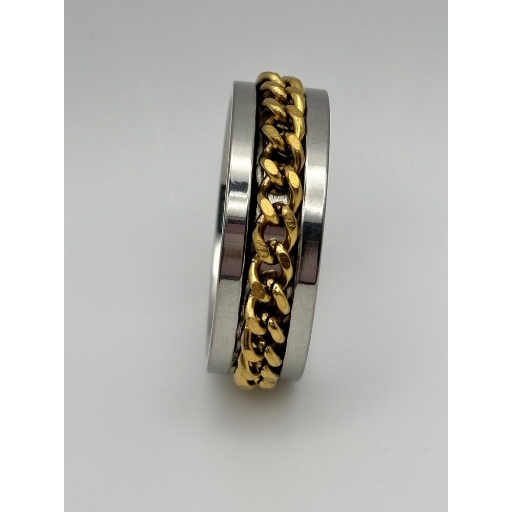 Men's Stainless Steel Spinner Ring with Gold Chain Accent